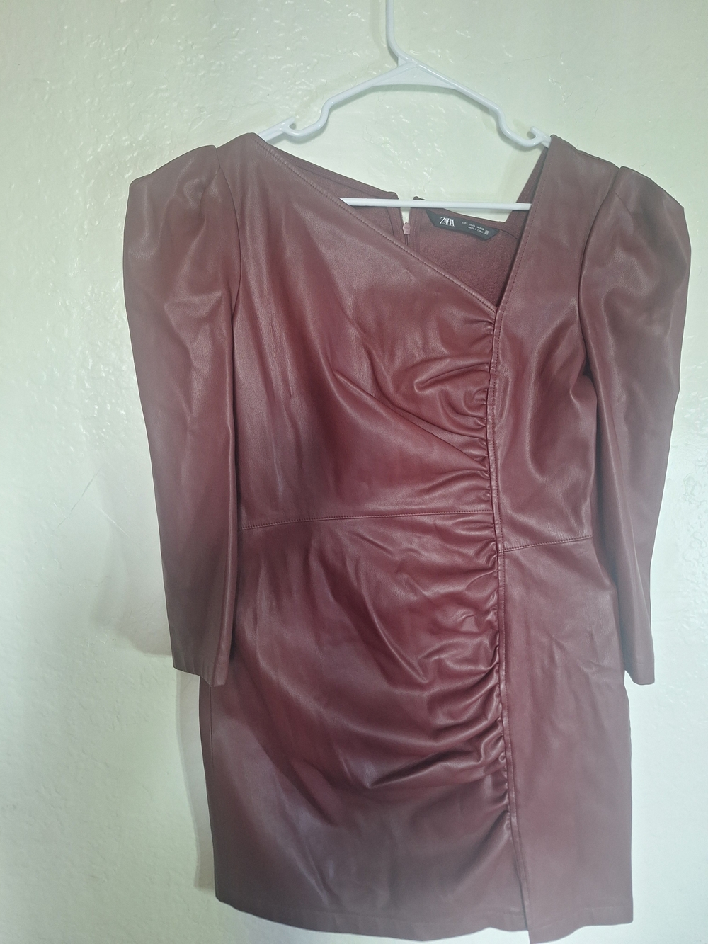 ZARA Burgundy Faux Leather Ruched Mini Dress Jacket